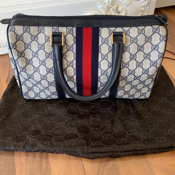 SOLD 🚫 Gucci Navy Boston Speedy Monogram Handbag - Picture 6 of 8